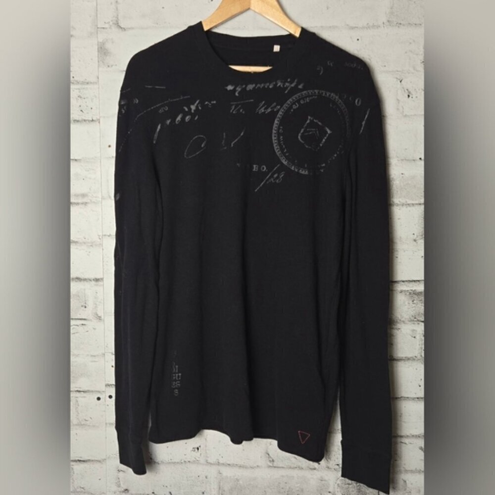 Guess Mens XL Black Graphic Long Sleeve T Shirt Y2K Streetwear Logo Tee